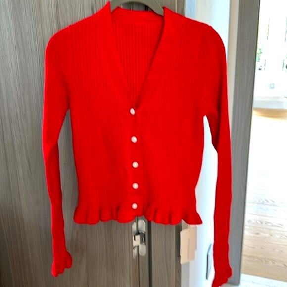 Commense Red Ribbed Button-Up Cardigan - Picture 2 of 10